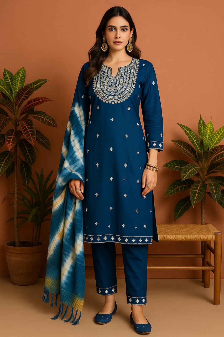 Women's Embroidered Cotton Blend Churidar Set