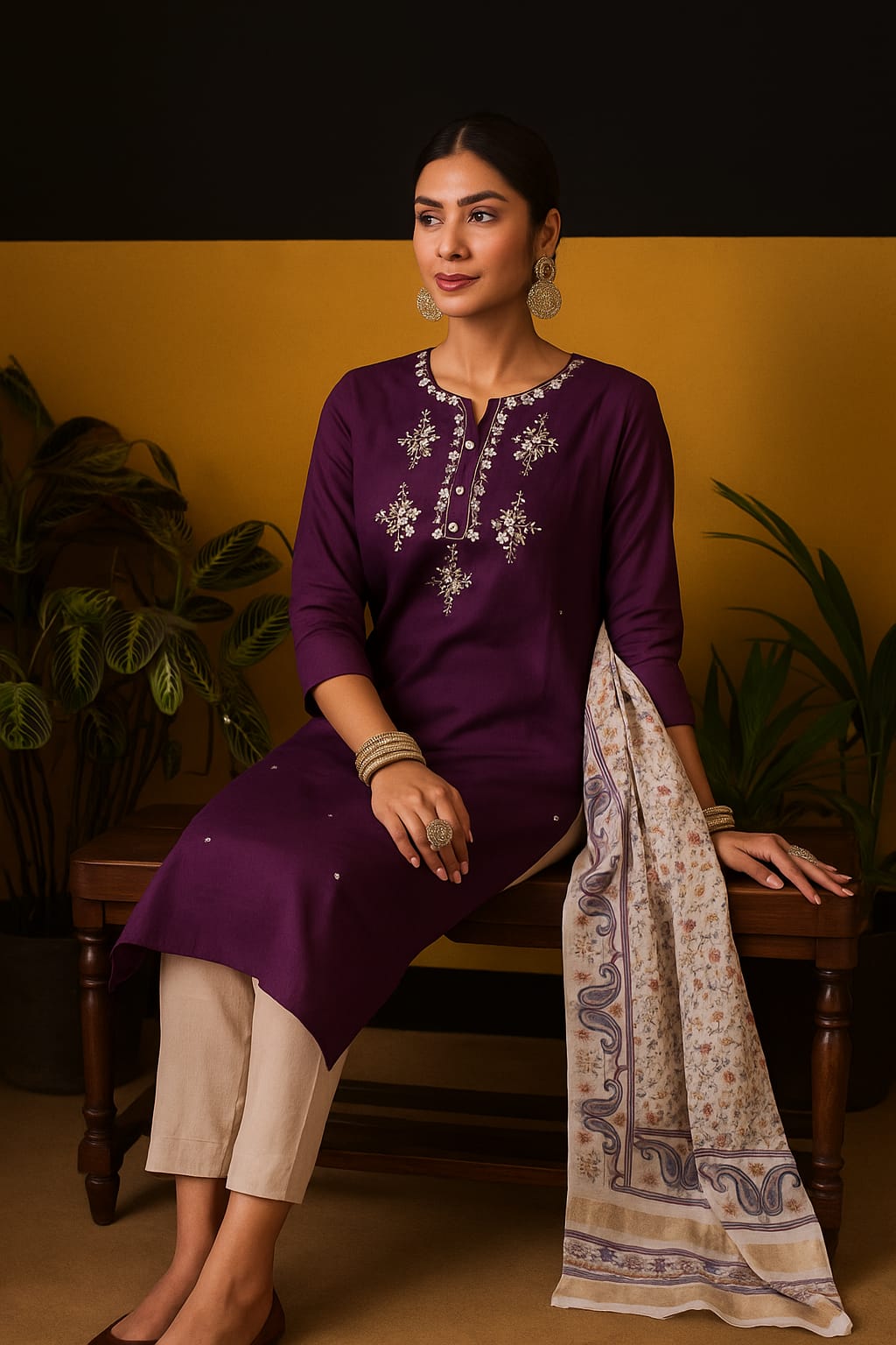 Roman Silk Churidar Set with Stone Work