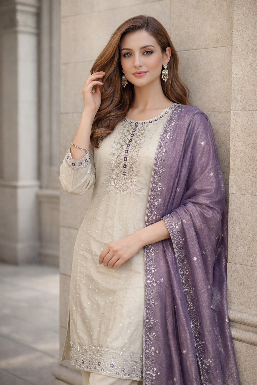 Tissue Fabric Party Wear Churidar Set with Embroidery