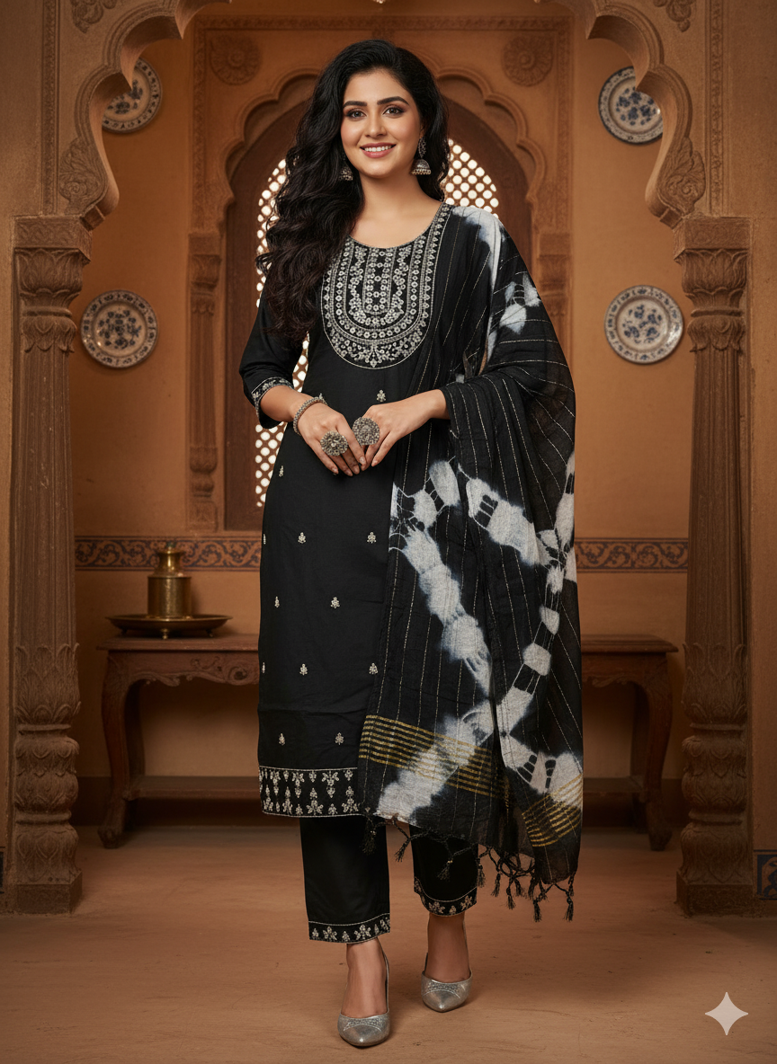 Women's Embroidered Cotton Blend Churidar Set