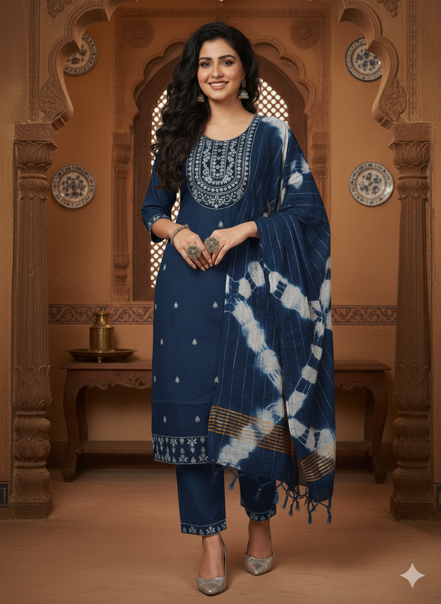 Women's Embroidered Cotton Blend Churidar Set