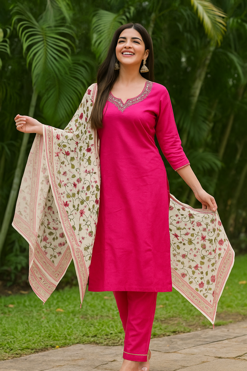 Roman Silk Churidar Set with Printed Dupatta & Stone Neckwork