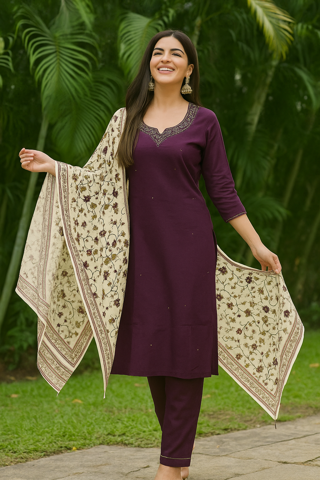 Roman Silk Churidar Set with Printed Dupatta & Stone Neckwork