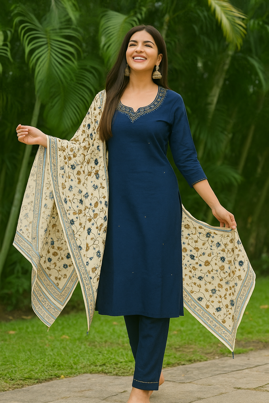 Roman Silk Churidar Set with Printed Dupatta & Stone Neckwork