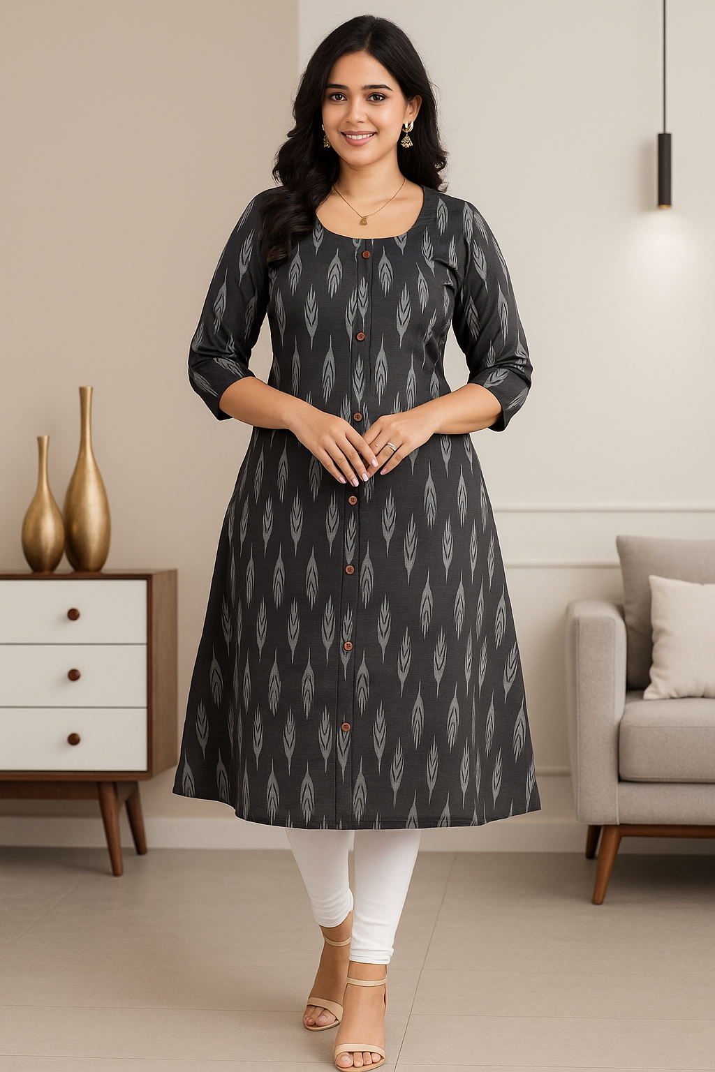 Cotton Side-Open Kurti Top with Three-Quarter Sleeves
