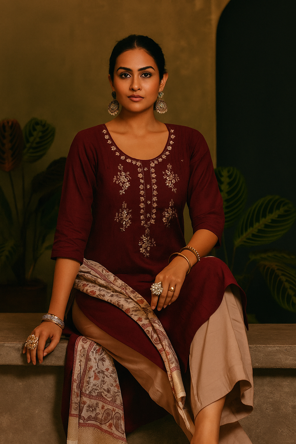 Roman Silk Churidar Set with Stone Work