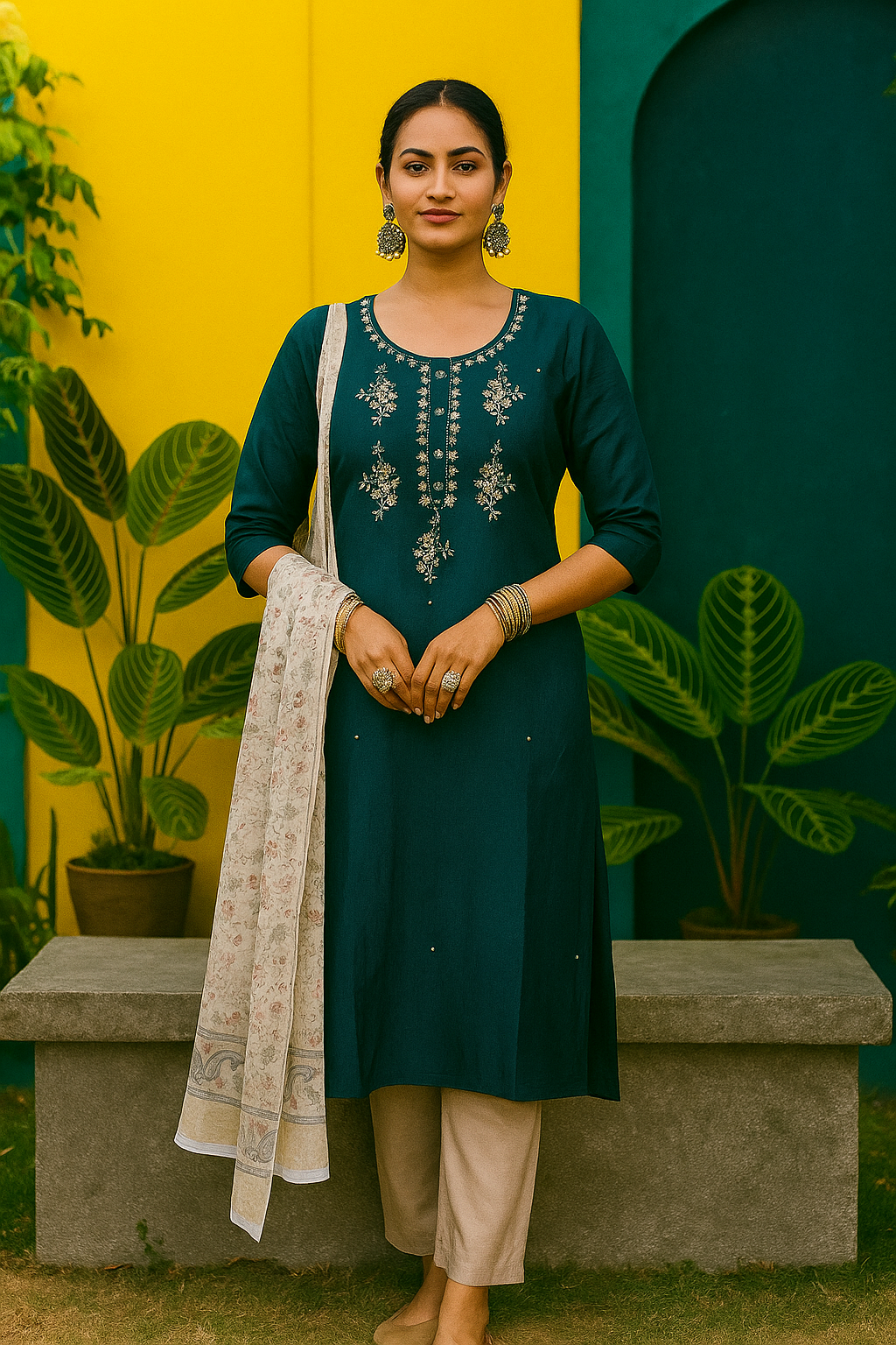 Roman Silk Churidar Set with Stone Work
