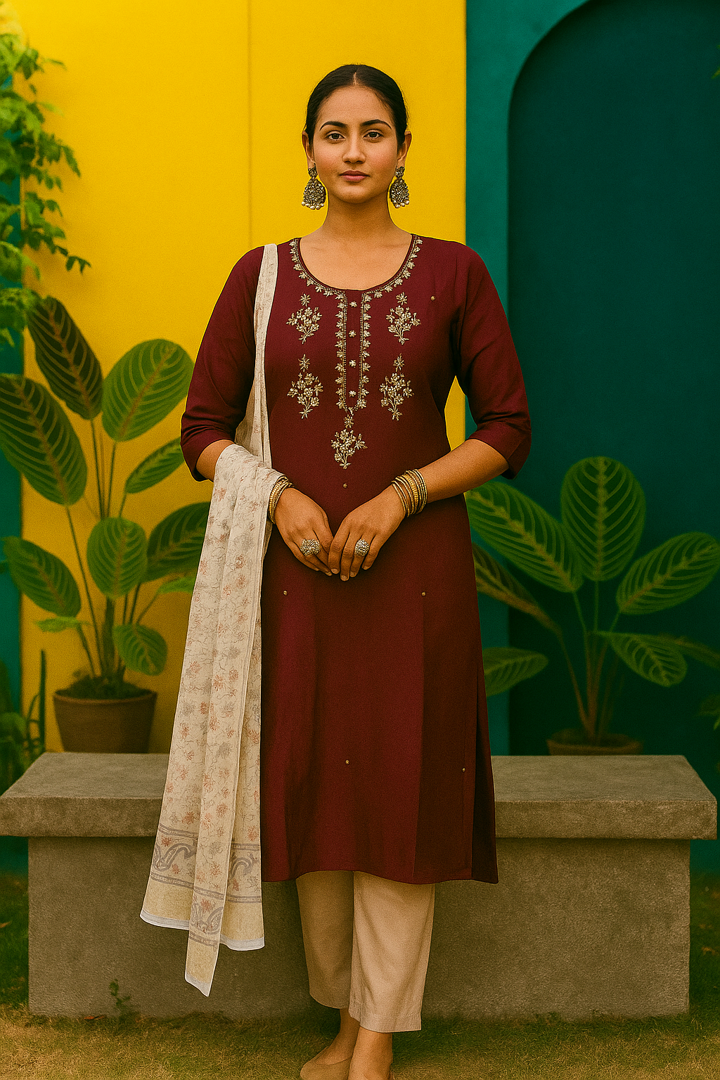 Roman Silk Churidar Set with Stone Work