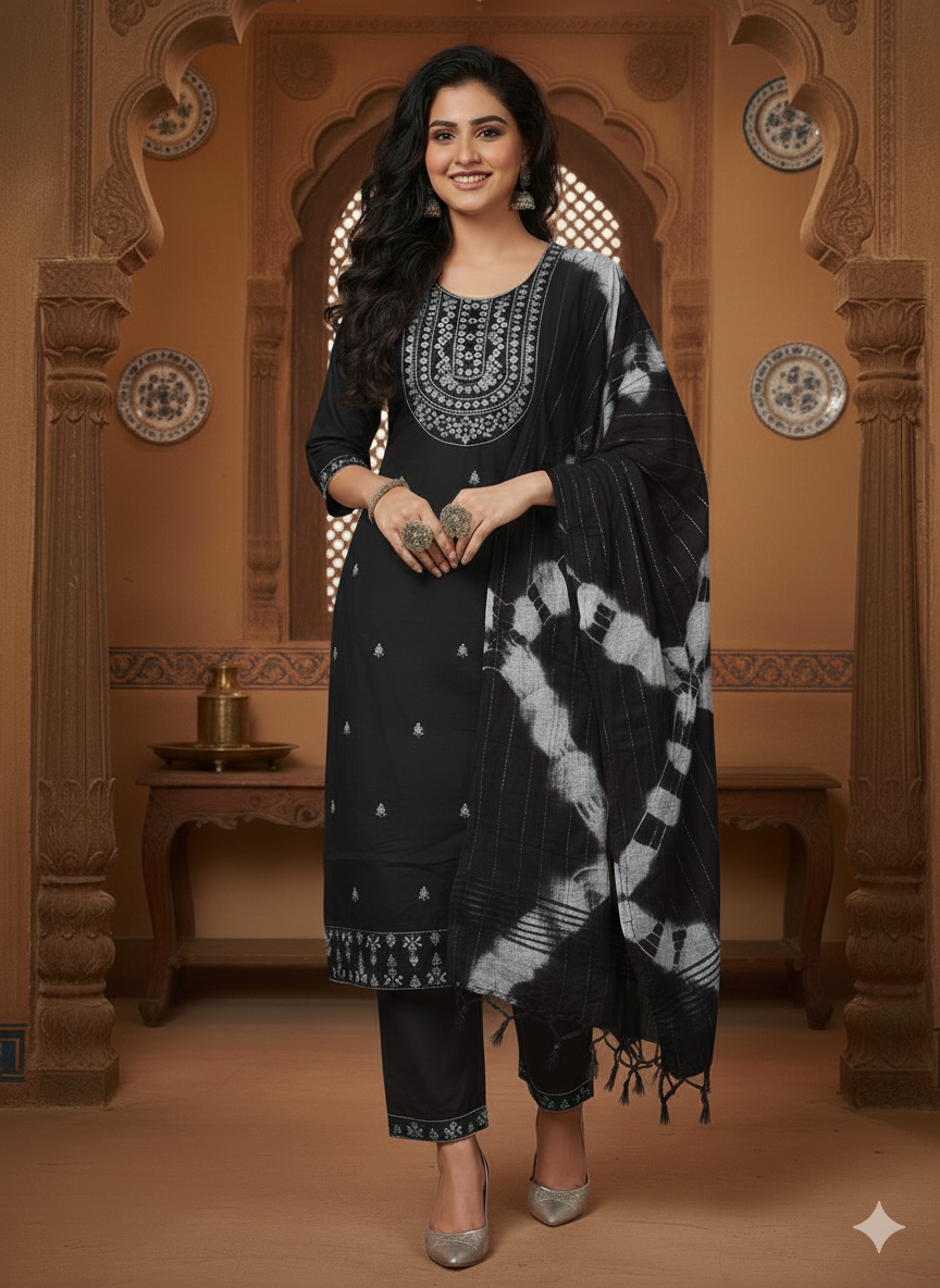 Women's Embroidered Cotton Blend Churidar Set