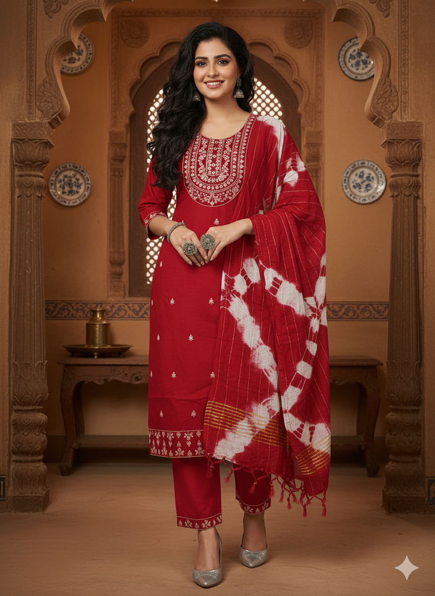 Women's Embroidered Cotton Blend Churidar Set