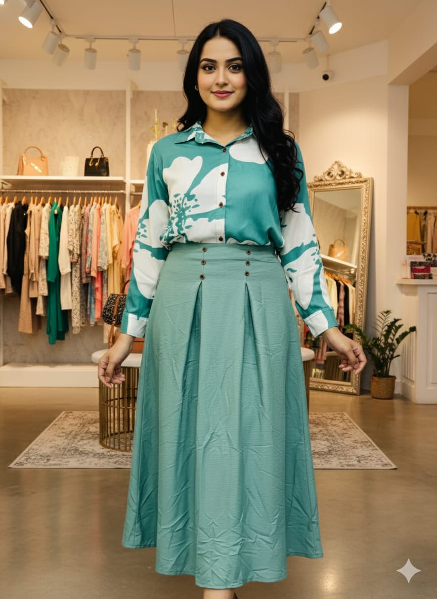 Ladies Full Skirt with Shirt Set in Popcorn Fabric