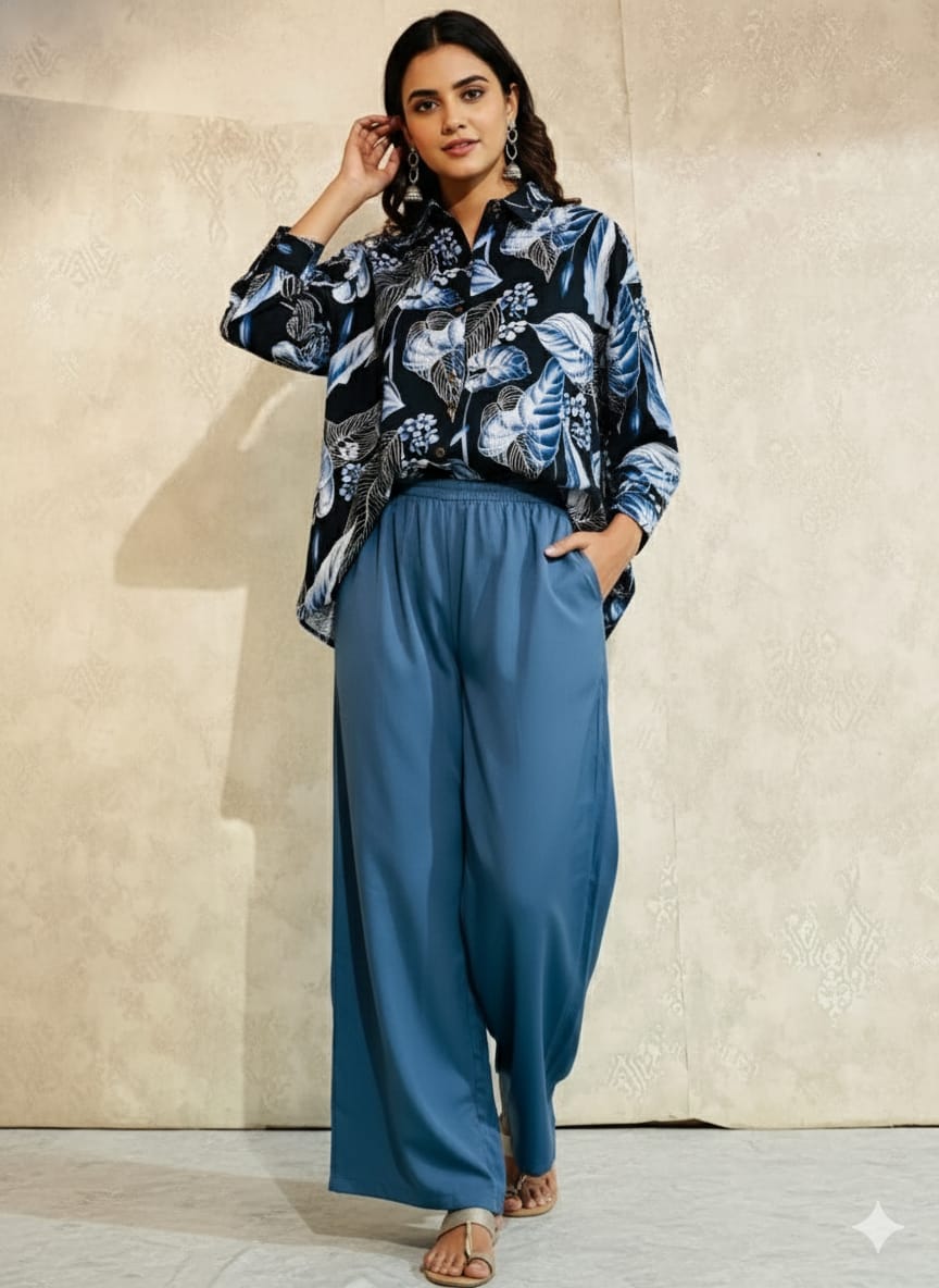 Ladies Palazzo Pant with Shirt Set in Popcorn Fabric