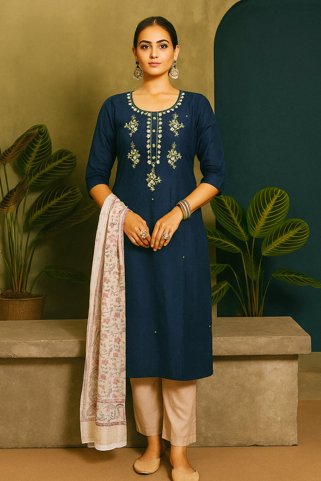 Roman Silk Churidar Set with Stone Work