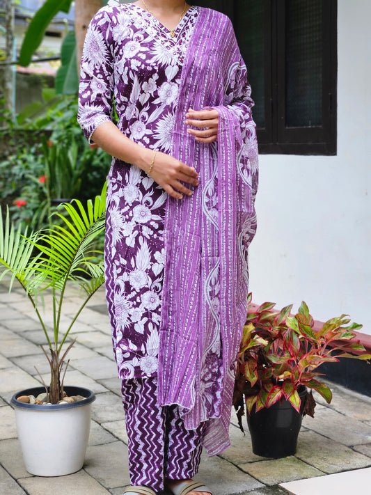 Cotton Printed Churidar with Printed Dupatta Set