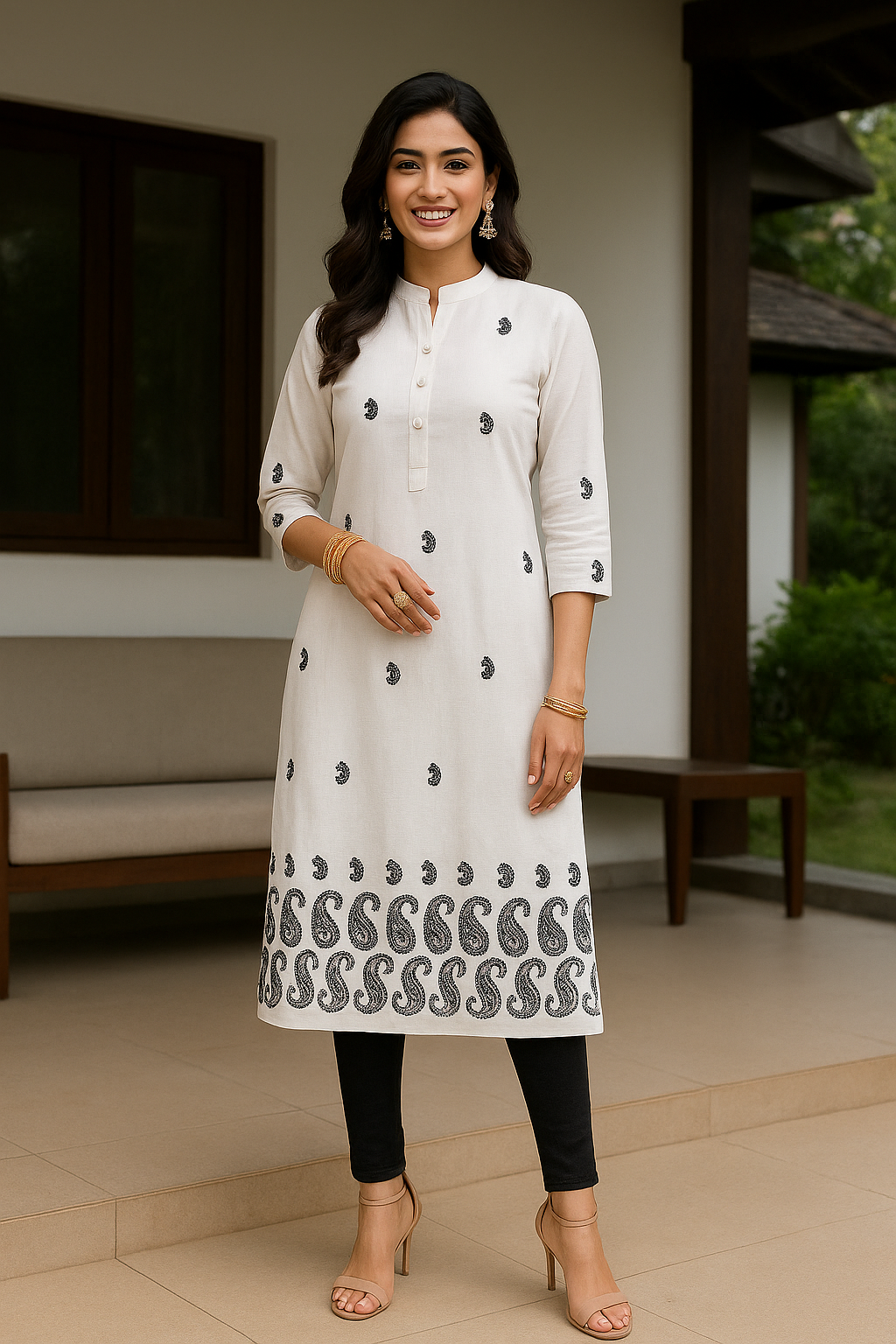 Embroidered Long Top in Popcorn Fabric