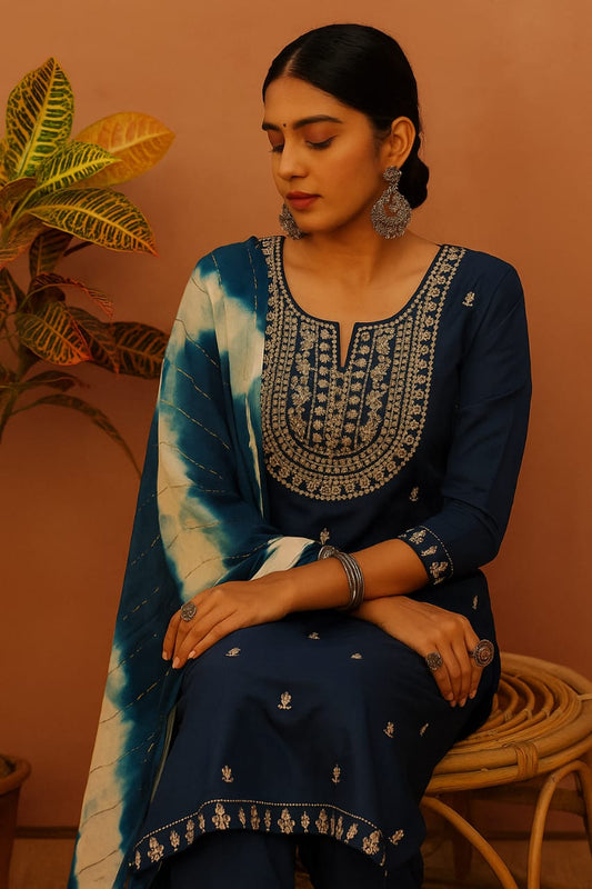 Women's Embroidered Cotton Blend Churidar Set