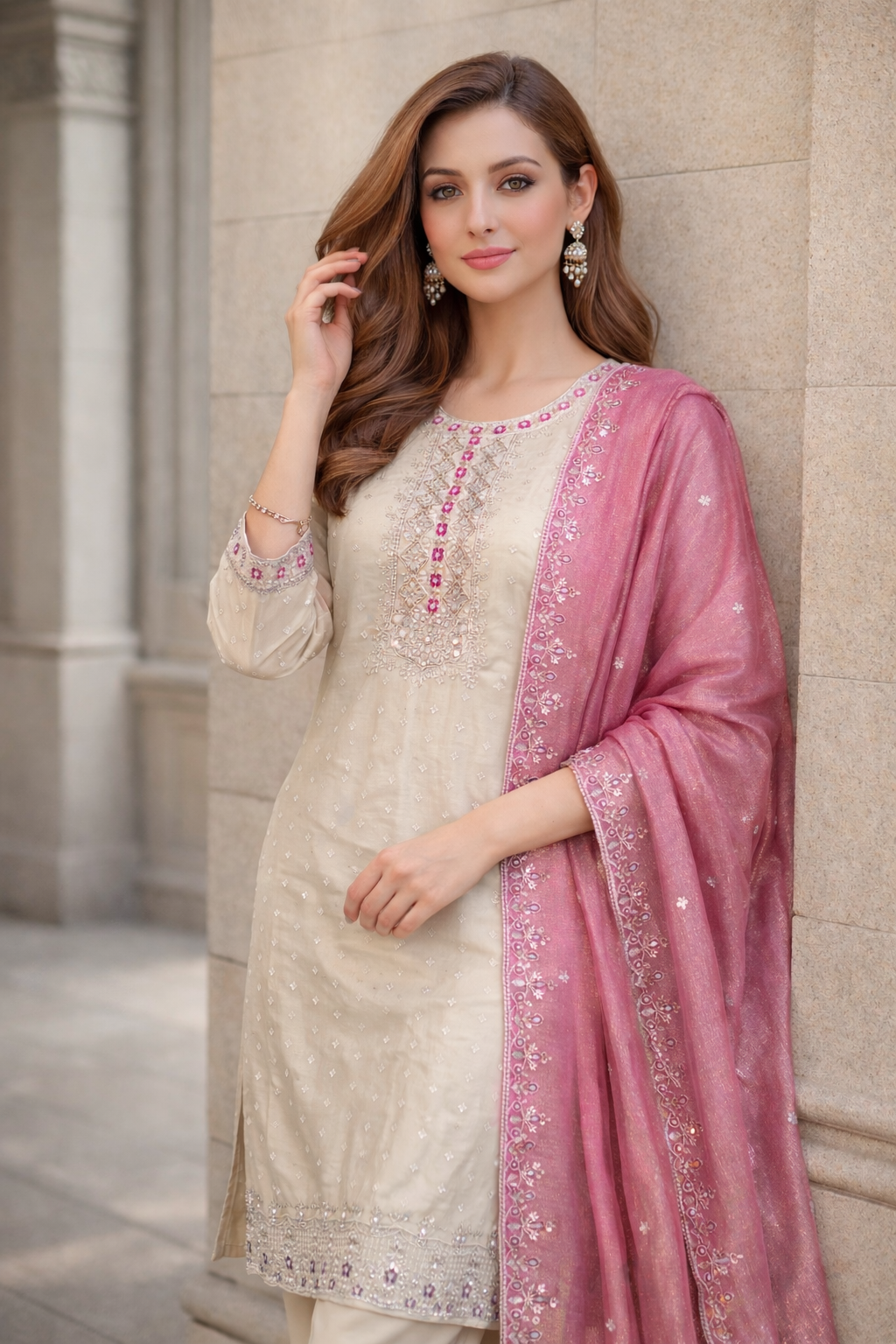Tissue Fabric Party Wear Churidar Set with Embroidery