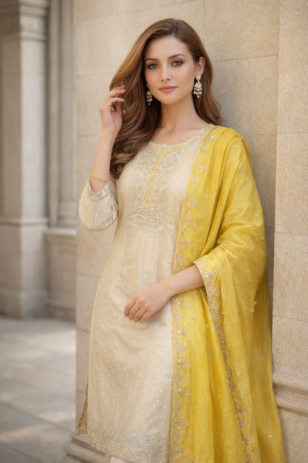 Tissue Fabric Party Wear Churidar Set with Embroidery