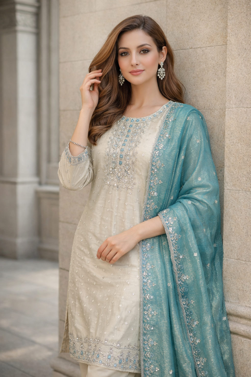 Tissue Fabric Party Wear Churidar Set with Embroidery
