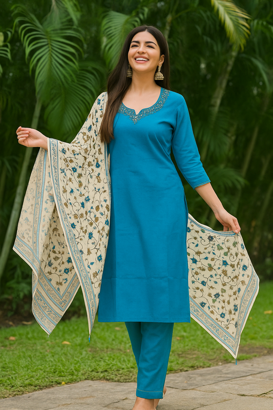 Roman Silk Churidar Set with Printed Dupatta & Stone Neckwork