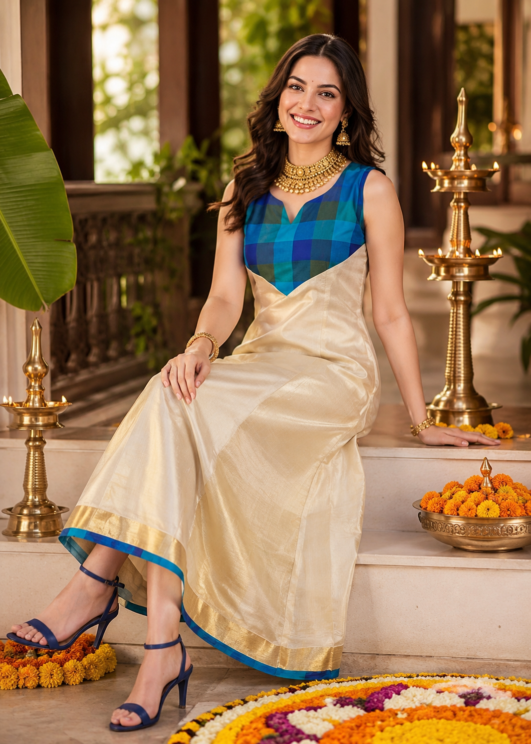 Festival Traditional Tissue Madras Check Ankle Length Frock