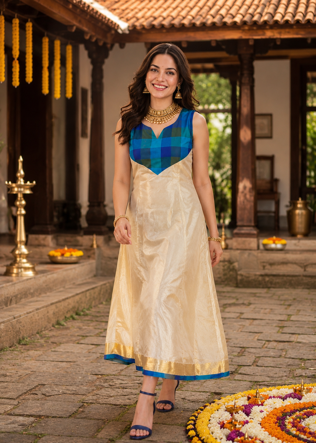 Festival Traditional Tissue Madras Check Ankle Length Frock