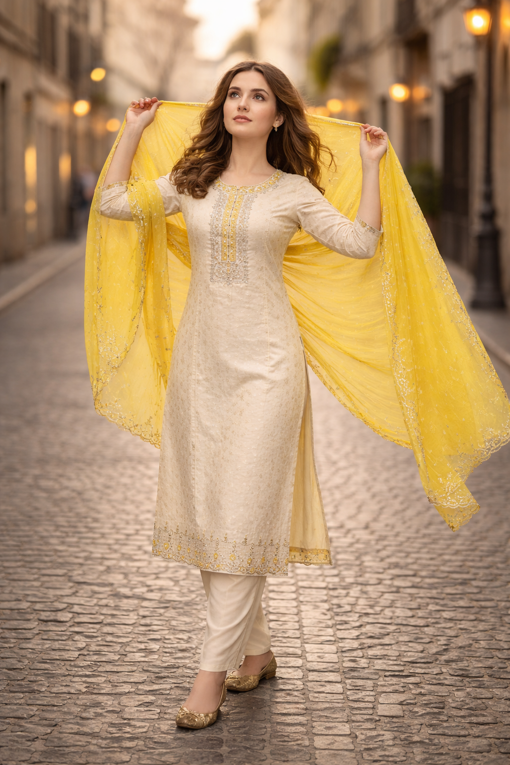 Tissue Fabric Party Wear Churidar Set with Embroidery
