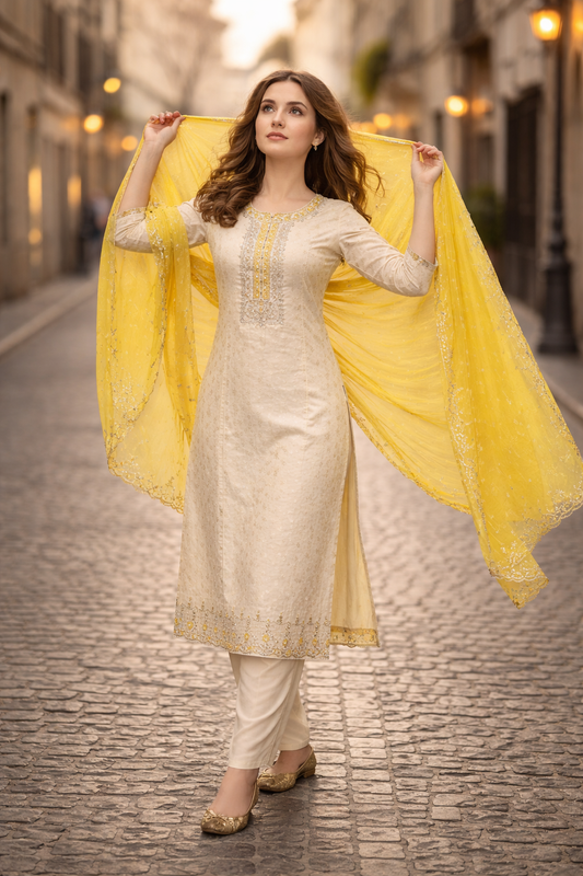 Tissue Fabric Party Wear Churidar Set with Embroidery
