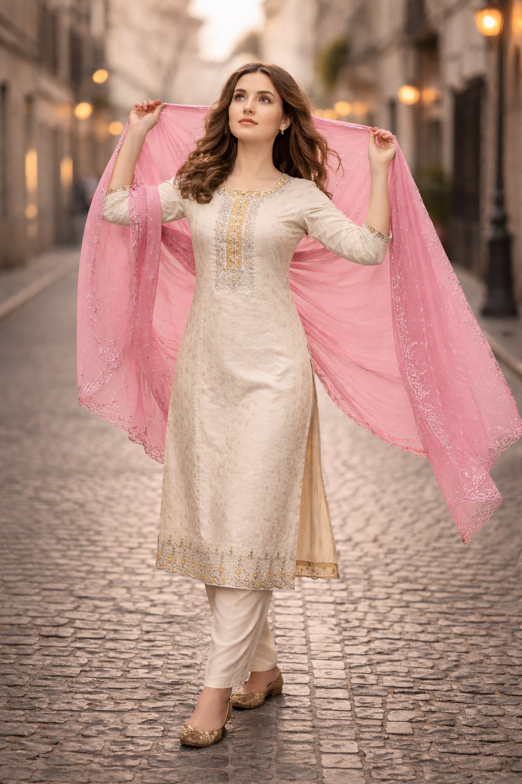 Tissue Fabric Party Wear Churidar Set with Embroidery