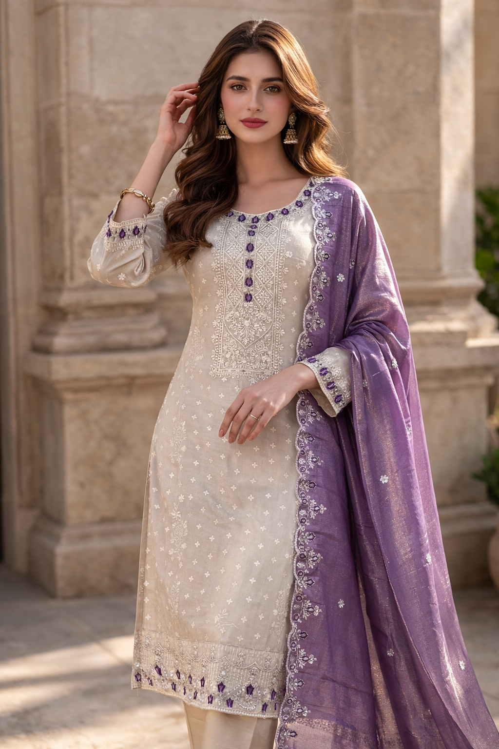 Tissue Fabric Party Wear Churidar Set with Embroidery