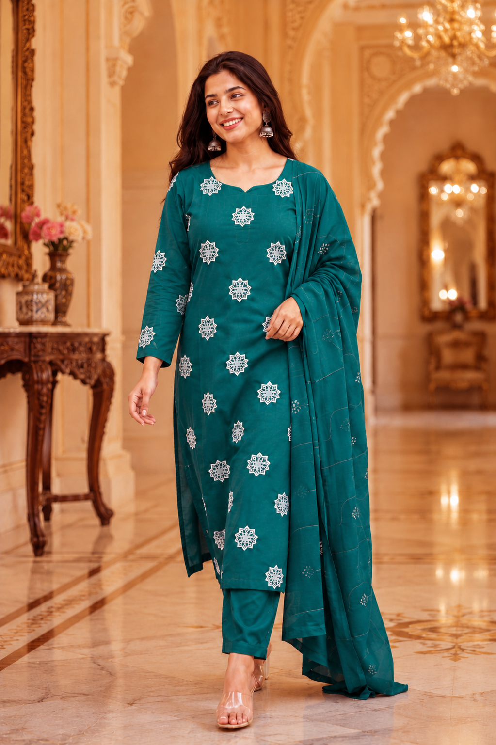 Roman Silk Churidar Set with Embroidery Design