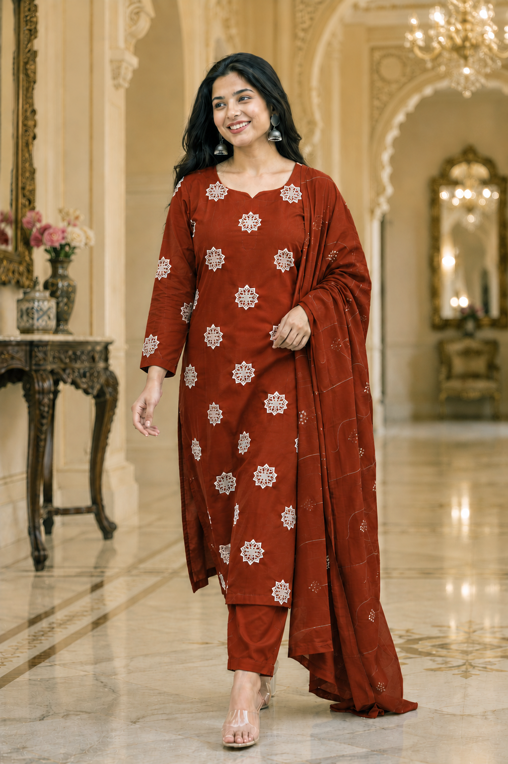 Roman Silk Churidar Set with Embroidery Design