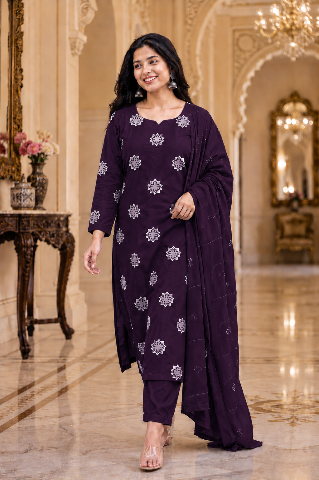 Roman Silk Churidar Set with Embroidery Design
