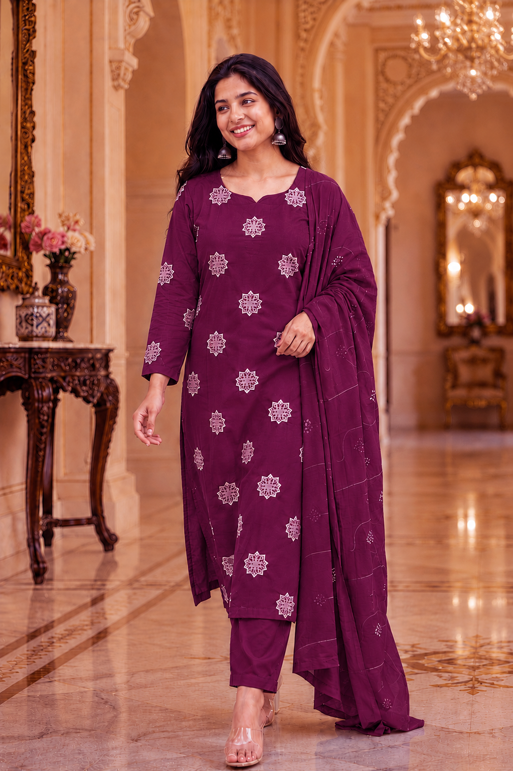 Roman Silk Churidar Set with Embroidery Design