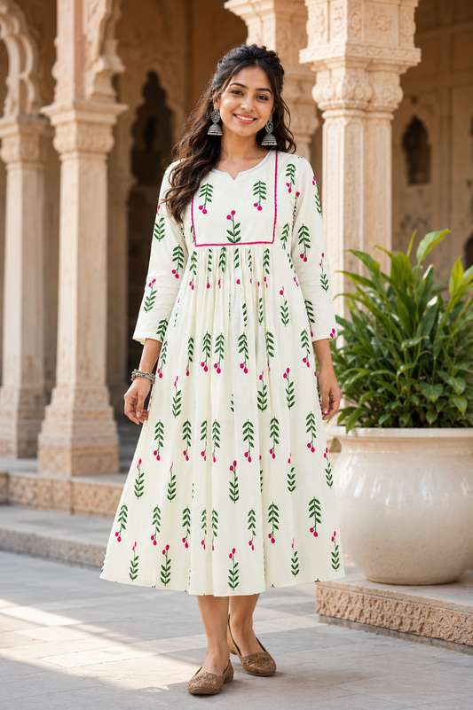 Trending Pink Blossom Cotton Angle Length Frock