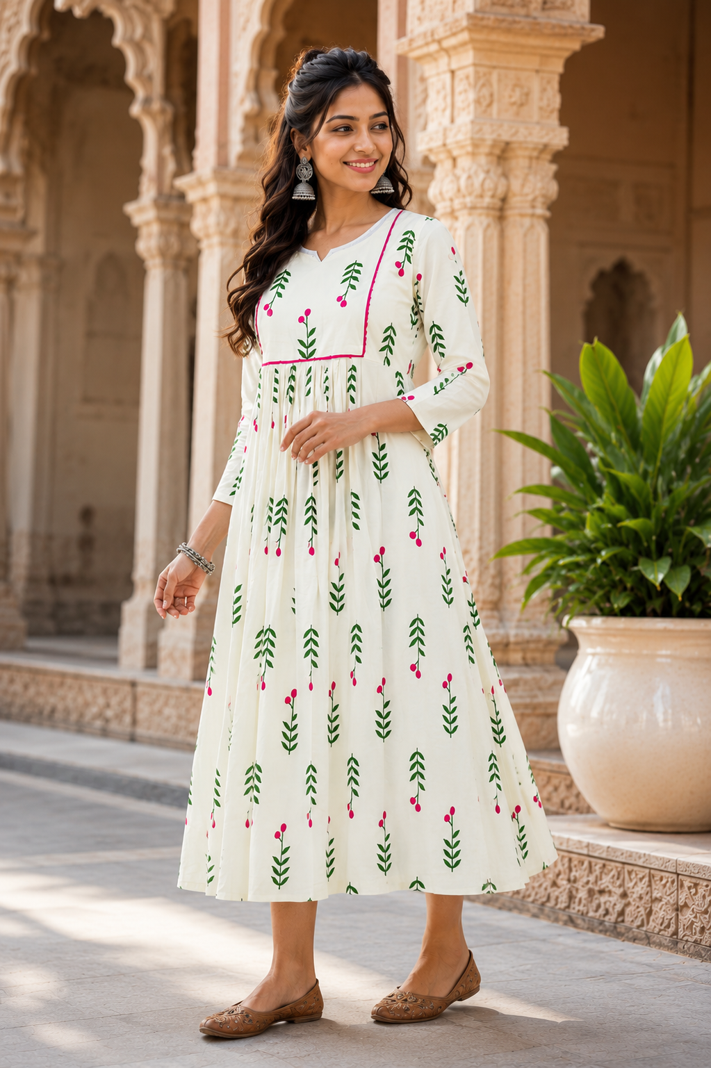 Trending Pink Blossom Cotton Angle Length Frock