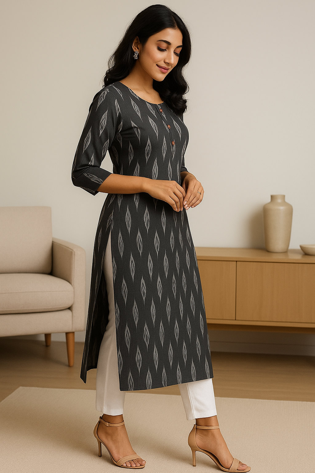 Cotton Side-Open Kurti Top with Three-Quarter Sleeves
