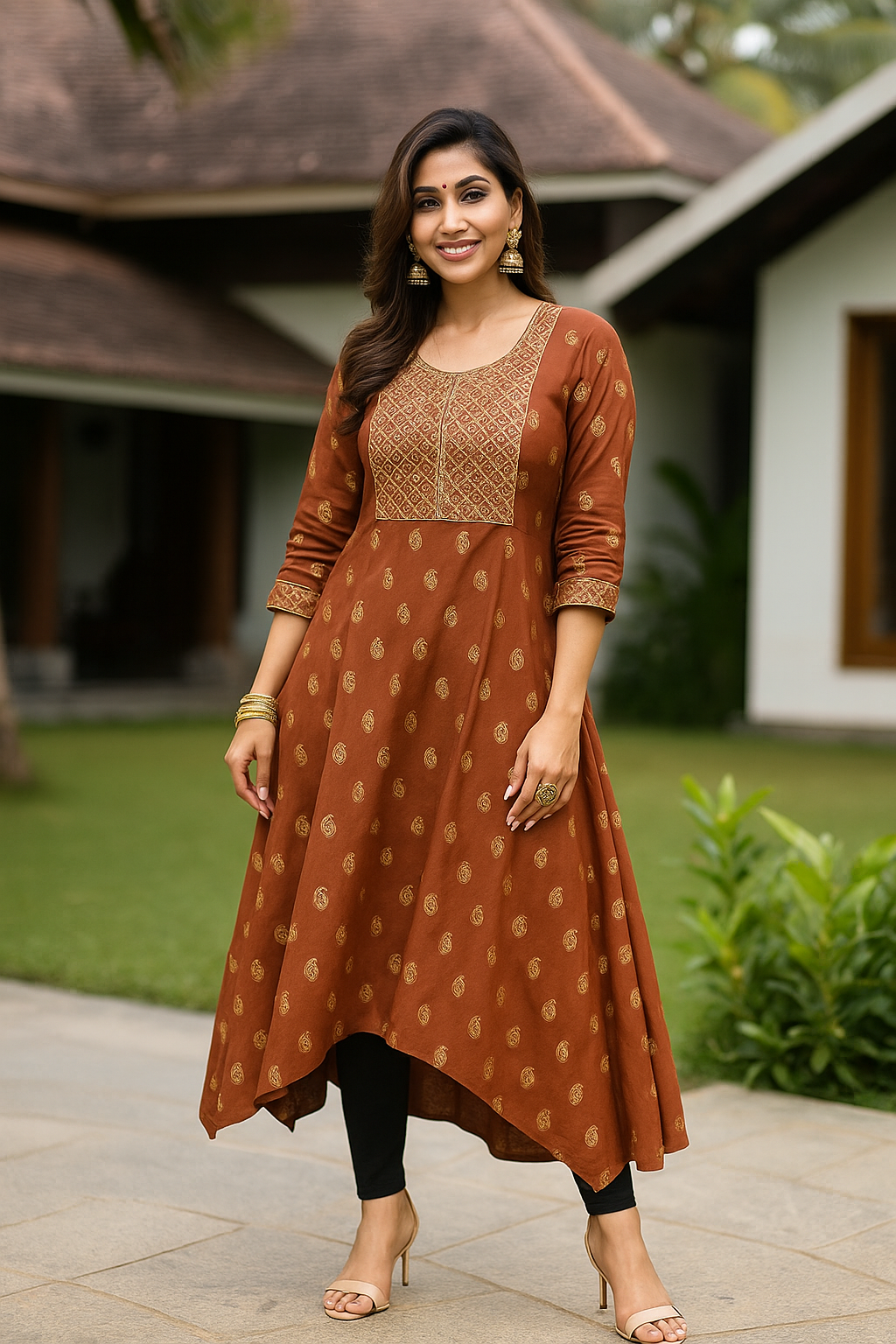 U-Cut Cotton Kurti with Three-Fourth Sleeves