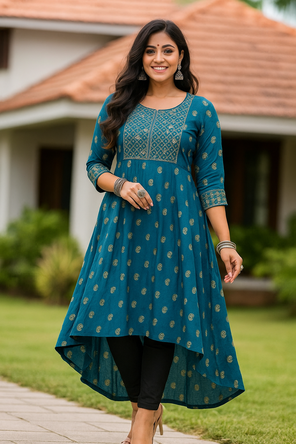 U-Cut Cotton Kurti with Three-Fourth Sleeves
