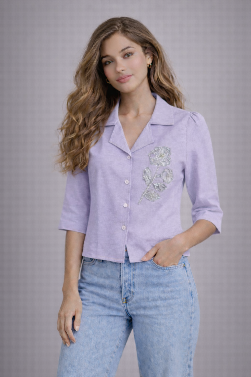 Crop - Shirt Top with Bead & Pearl Detailing