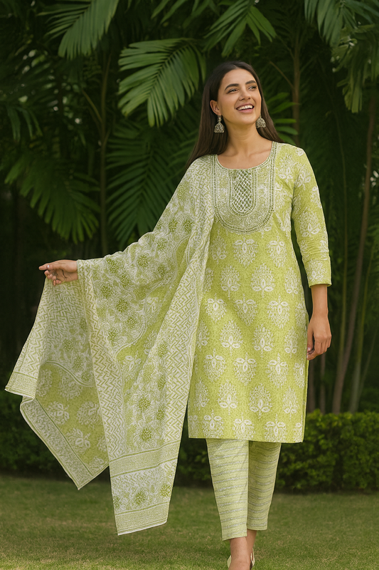 Cotton Casual Churidar Set with Printed Dupatta