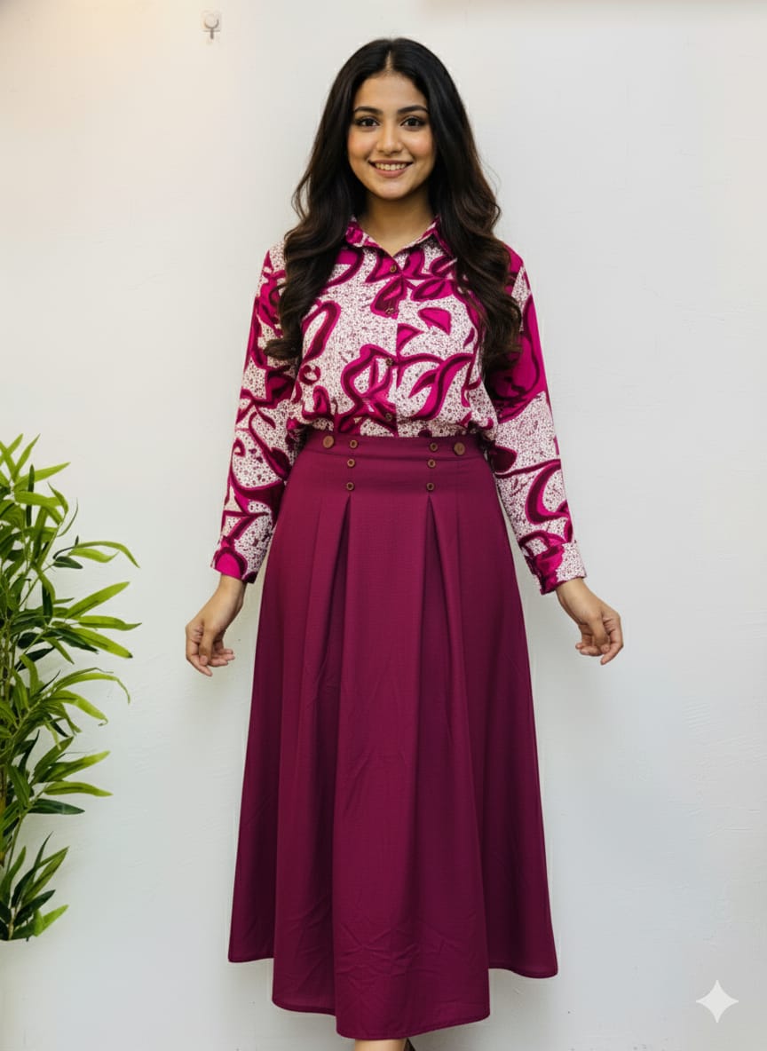 Ladies Full Skirt with Shirt Set in Popcorn Fabric