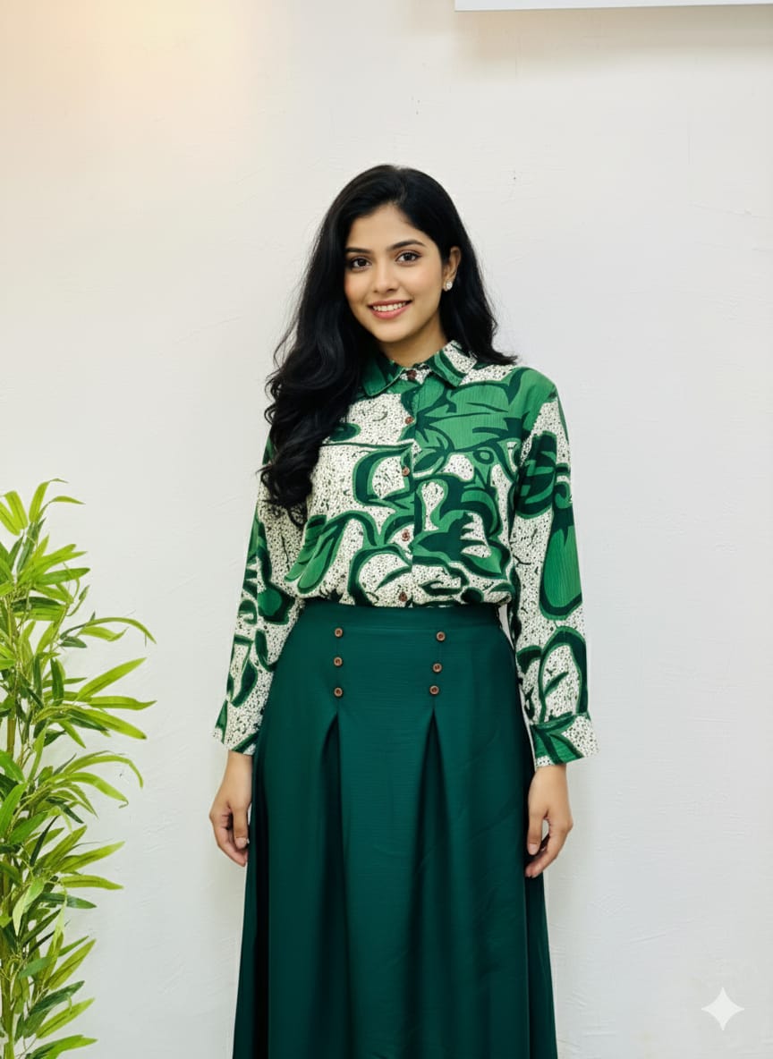 Ladies Full Skirt with Shirt Set in Popcorn Fabric