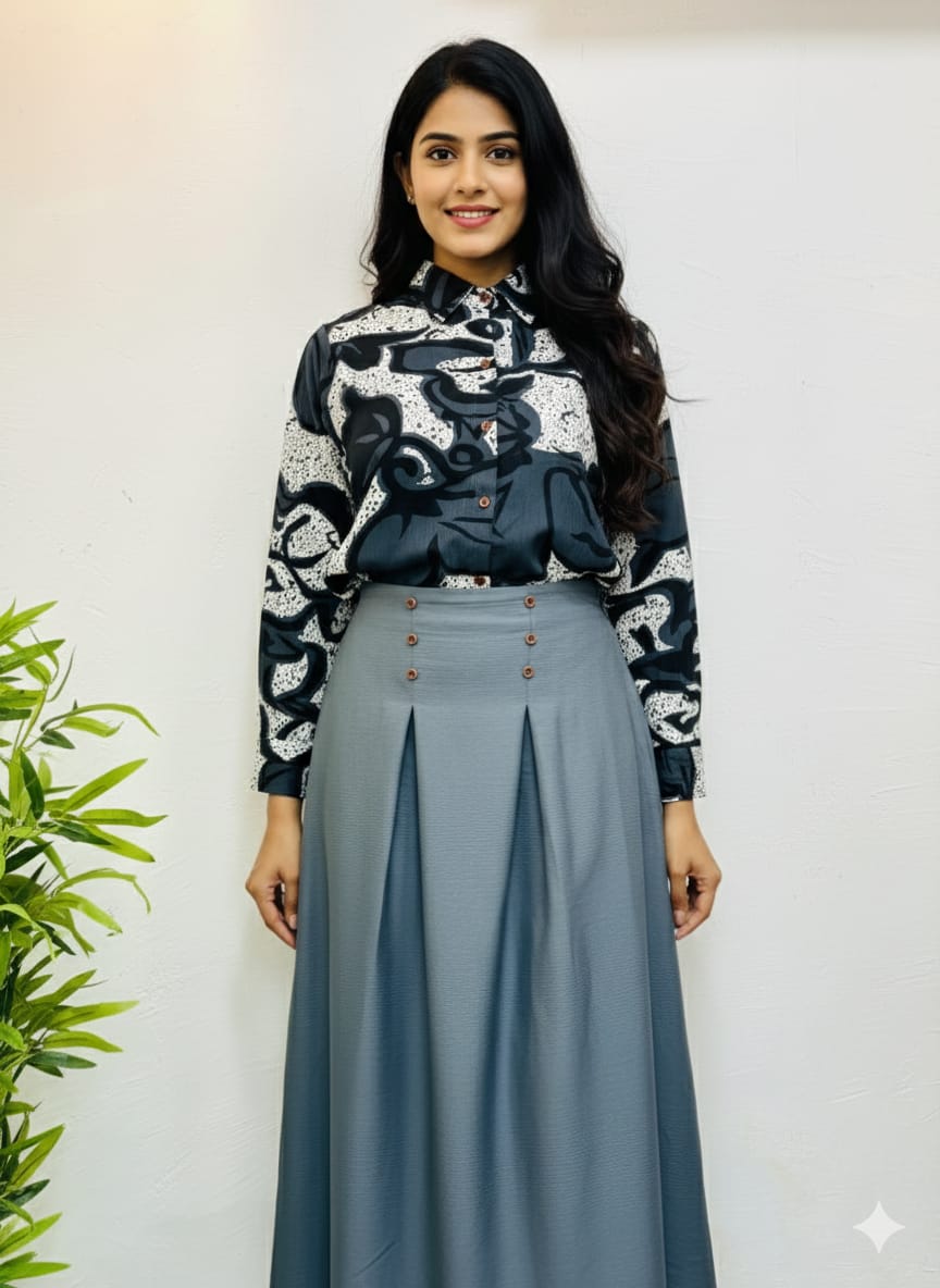 Ladies Full Skirt with Shirt Set in Popcorn Fabric