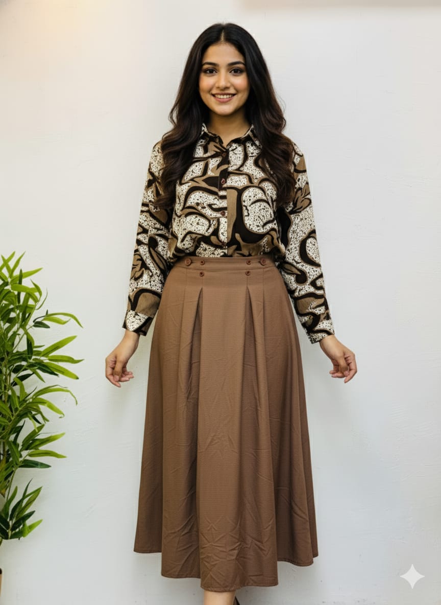 Ladies Full Skirt with Shirt Set in Popcorn Fabric