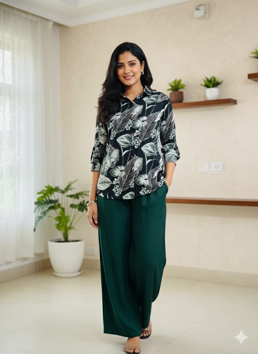 Ladies Palazzo Pant with Shirt Set in Popcorn Fabric