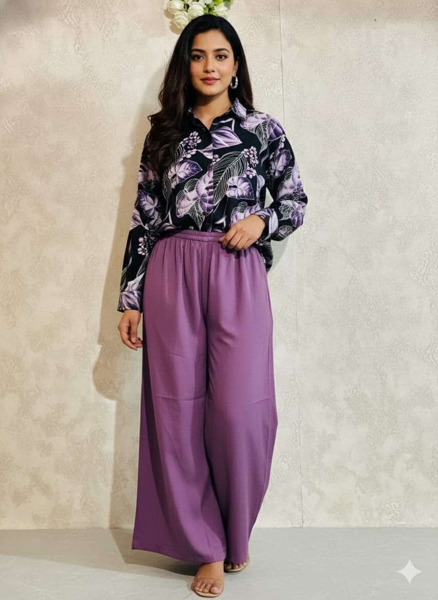 Ladies Palazzo Pant with Shirt Set in Popcorn Fabric