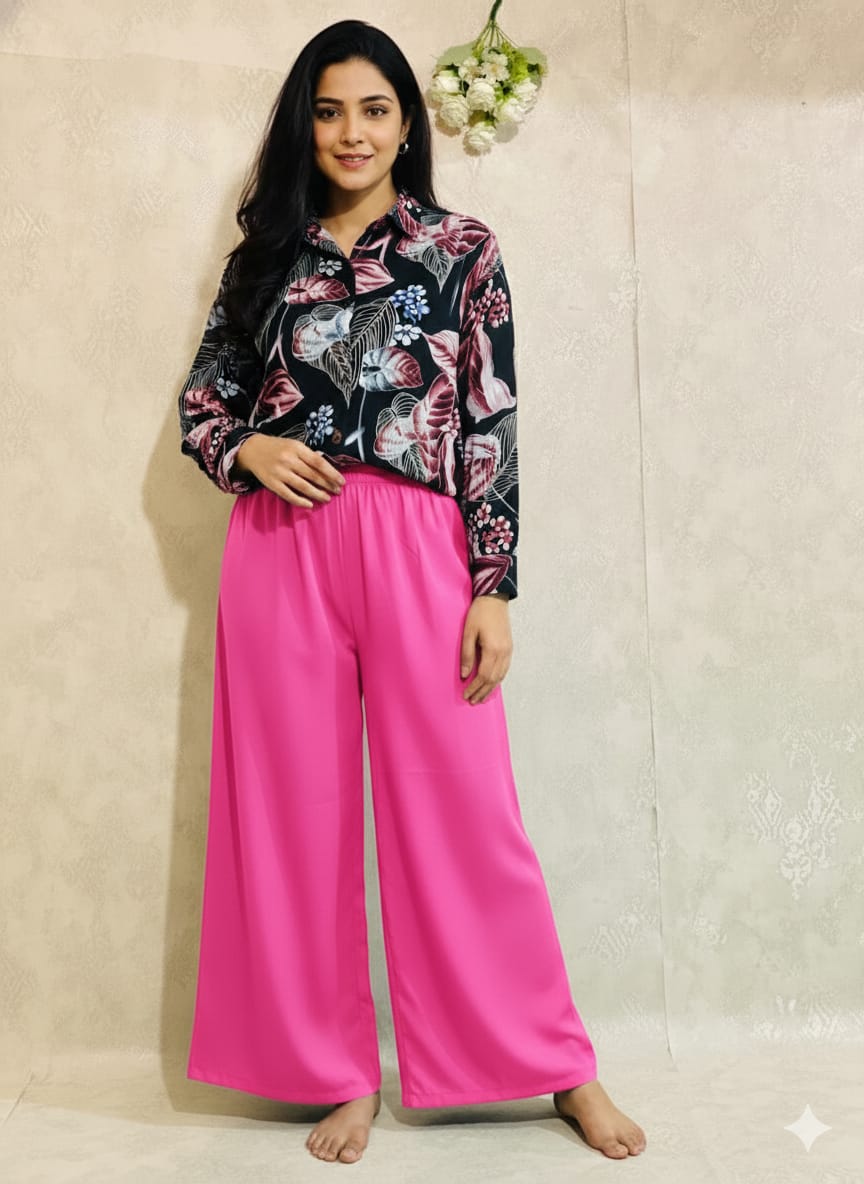 Ladies Palazzo Pant with Shirt Set in Popcorn Fabric