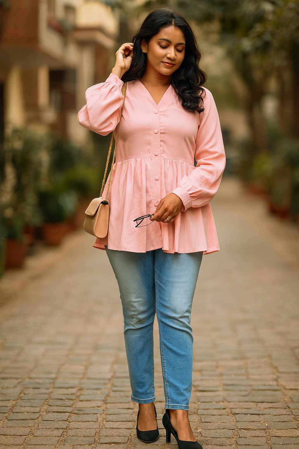 Delta Fabric Bell-Sleeve Shirt Top for Women